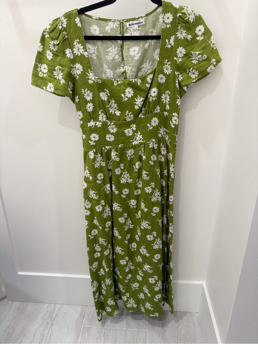 Reformation Pacome Linen Dress Green Floral Midi Dress Size 6 - Picture 6 of 8